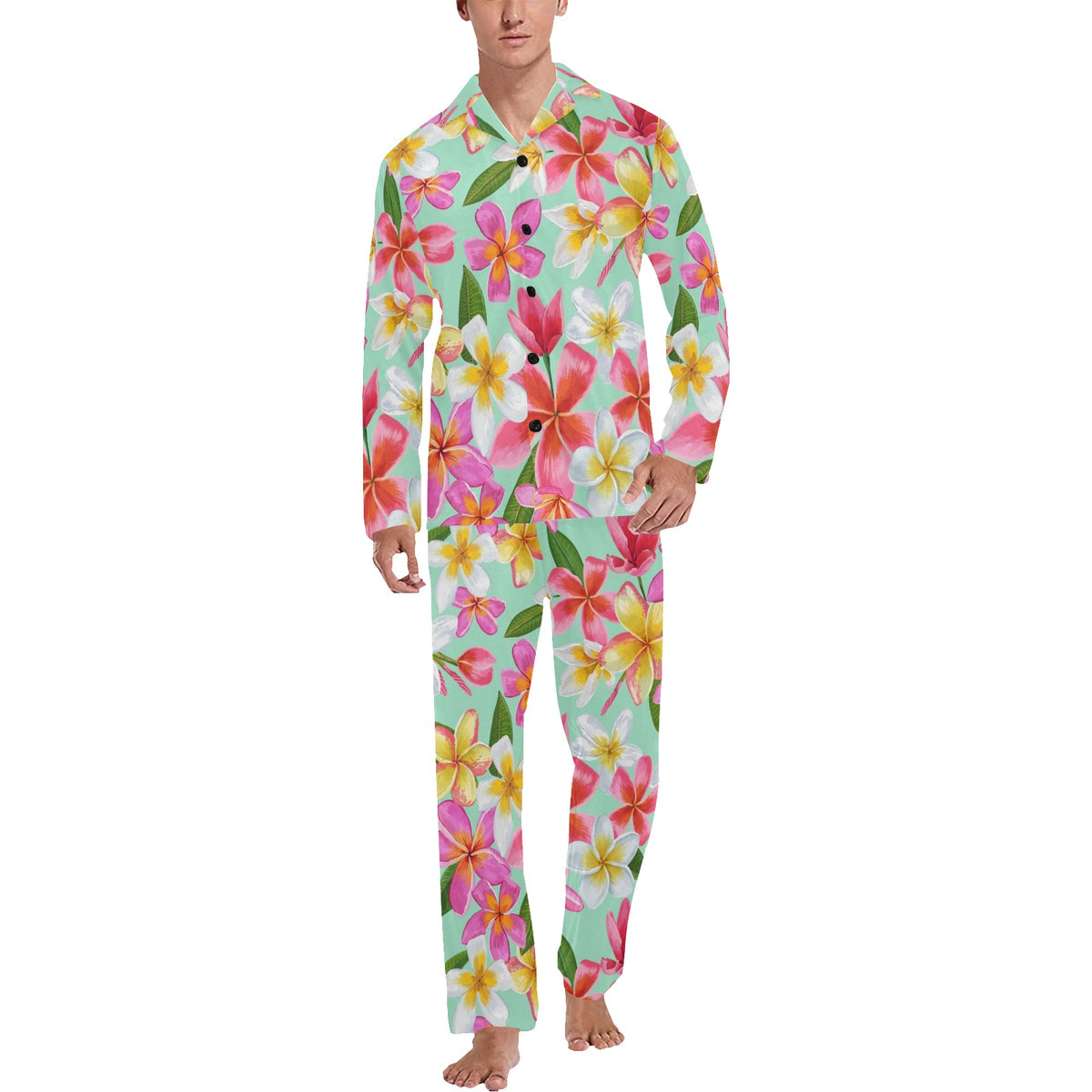 Plumeria Pattern Print Design PM014 Men's Long Sleeve Pajama Set