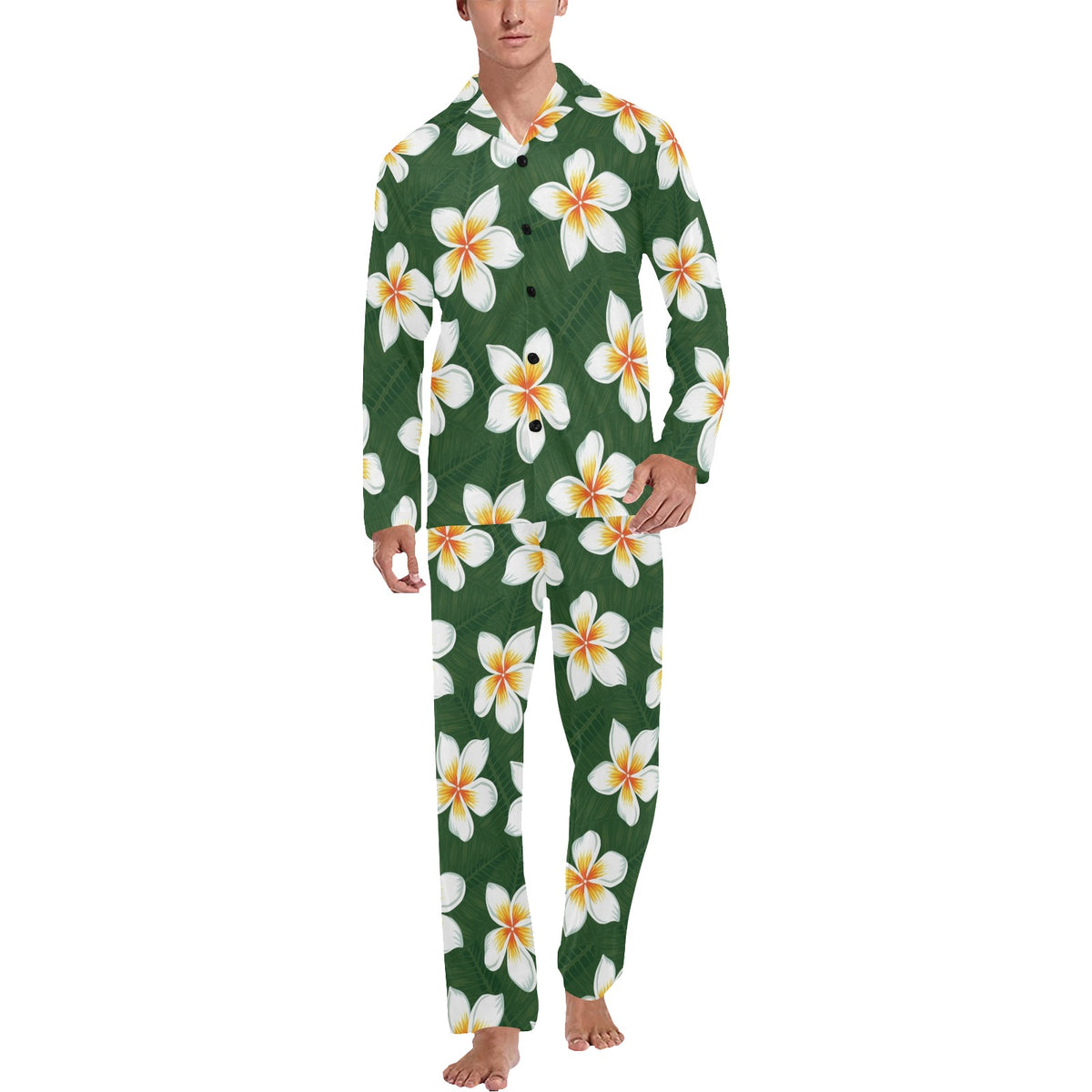 White Plumeria Pattern Print Design PM020 Men's Long Sleeve Pajama Set