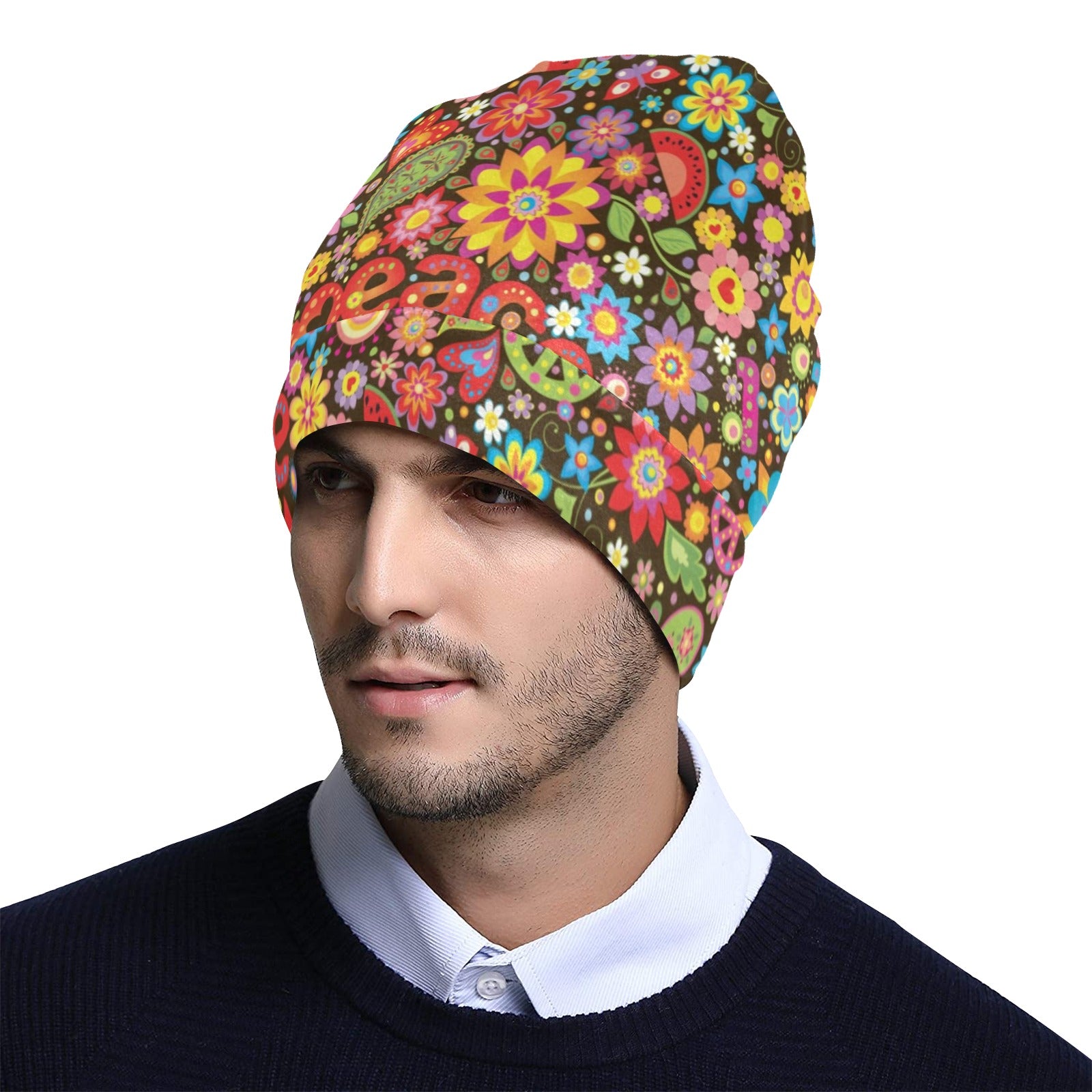 Flower Power Peace Paisley Themed Print Unisex Beanie