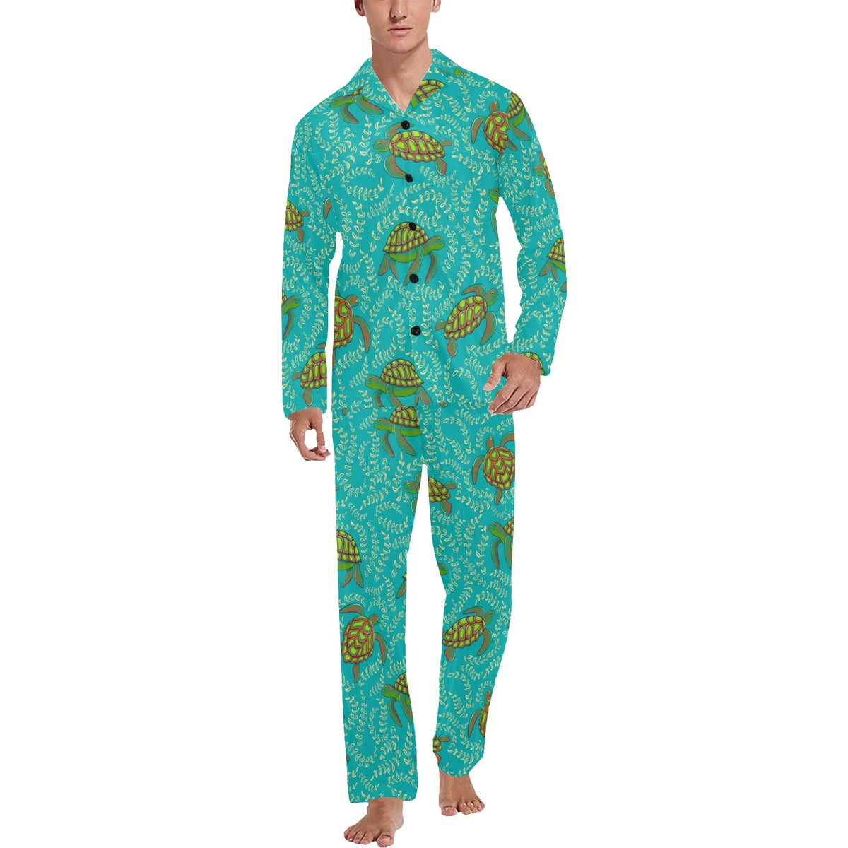 Sea Turtle Pattern Print Design T010 Men's Long Sleeve Pajama Set
