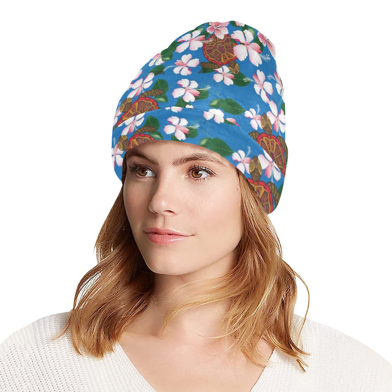 Sea Turtle Pink Hibiscus Hawaiian Print Unisex Beanie