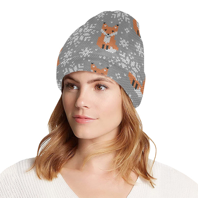 Knit Red Fox Pattern Print Design 02 Unisex Beanie