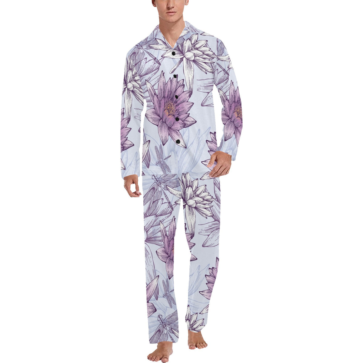 Water Lily Pattern Print Design WL01 Men's Long Sleeve Pajama Set