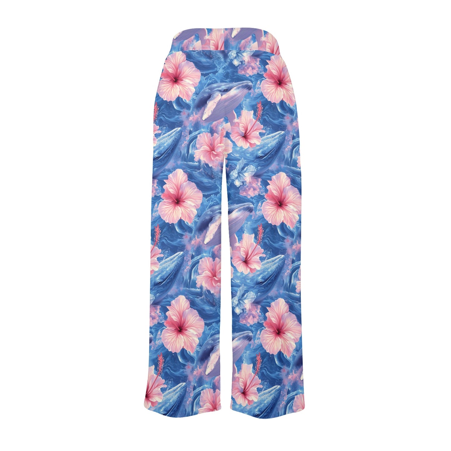 Tropical Whale and Hibiscus Flowers Seamless Pattern Women's Wide Leg Lounge Pants