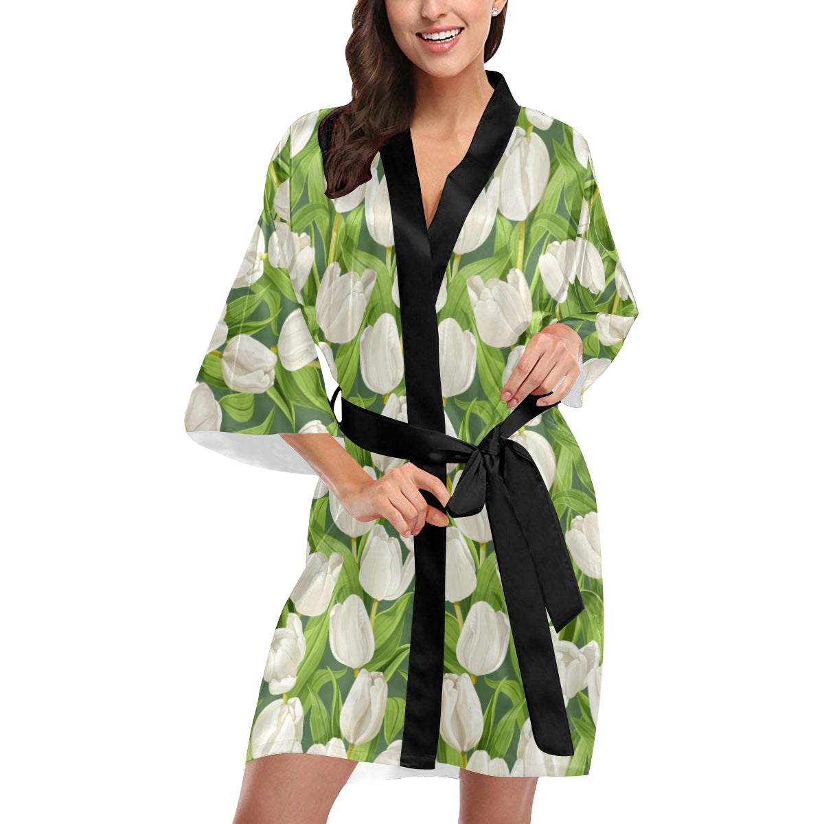 Tulip White Pattern Print Design TP05 Women's Short Kimono