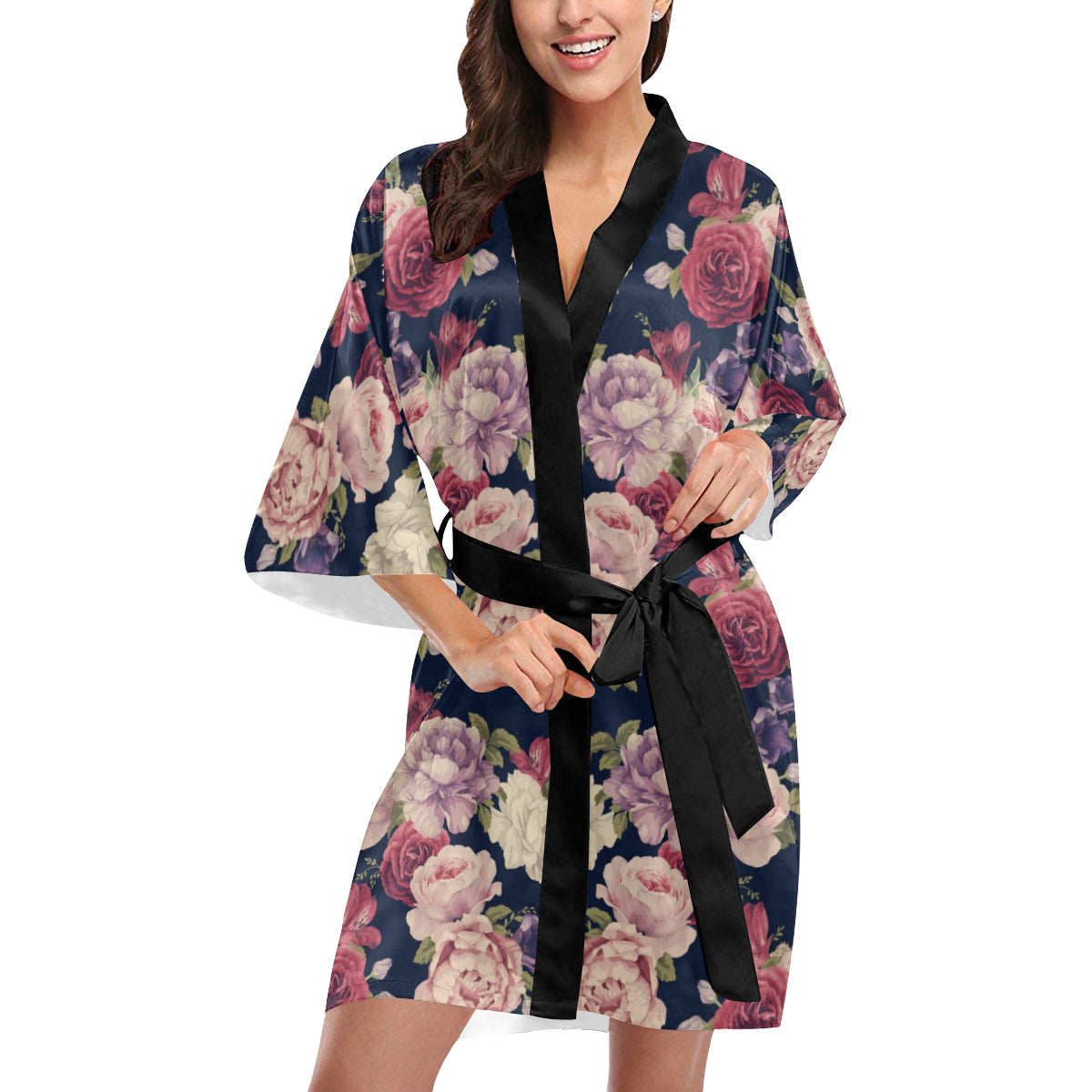 Peony Pattern Print Design PE03 Women's Short Kimono