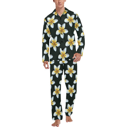 White Plumeria Pattern Print Design PM022 Men's Long Sleeve Pajama Set