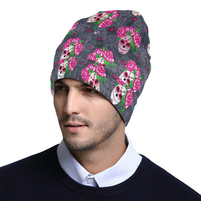 Sugar Skull Pink Rose Themed Print Unisex Beanie