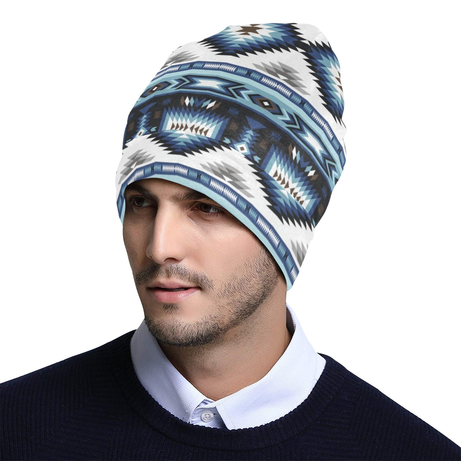 Navajo Dark Blue Print Pattern Unisex Beanie