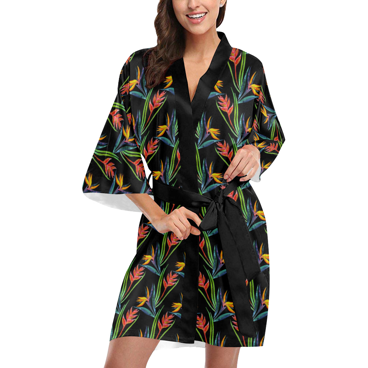 Heliconia Pattern Print Design HL04 Women's Short Kimono
