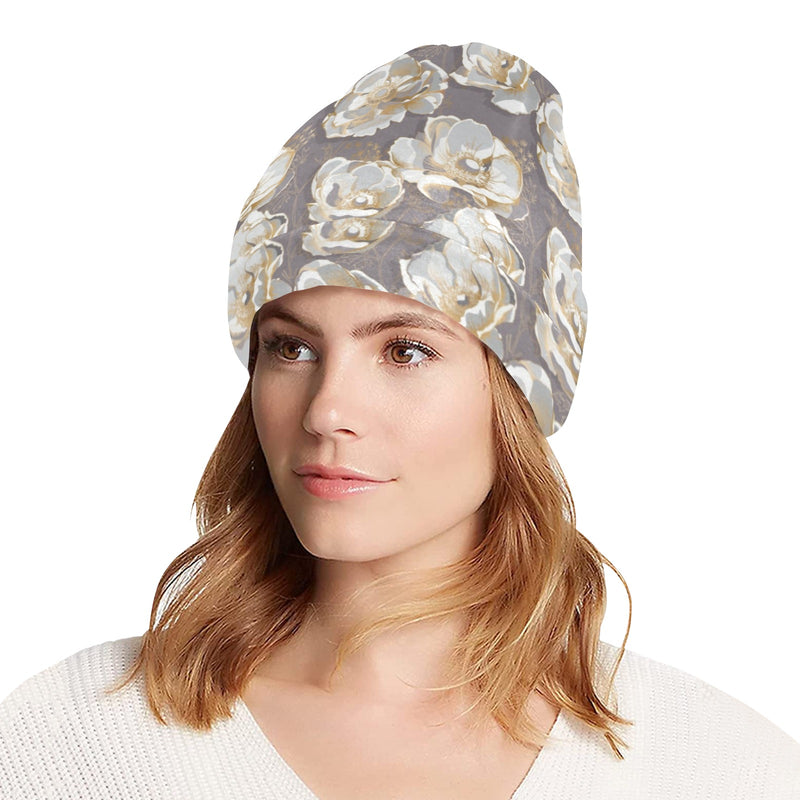 Elegant Grey Flower Print Unisex Beanie