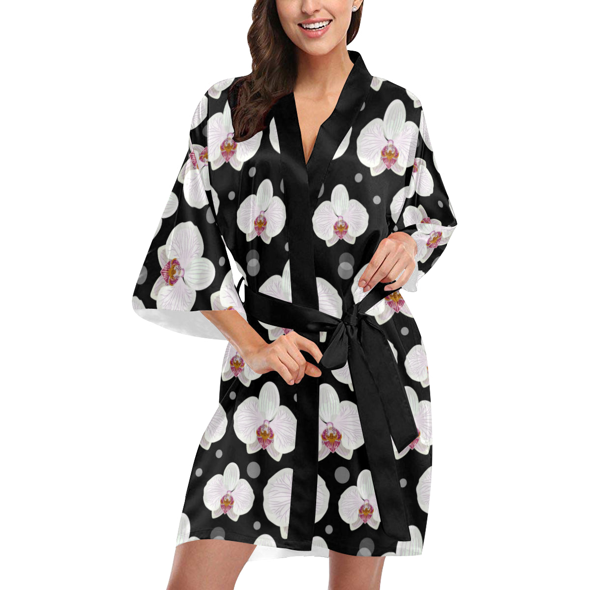 Orchid White Pattern Print Design OR09 Women's Short Kimono
