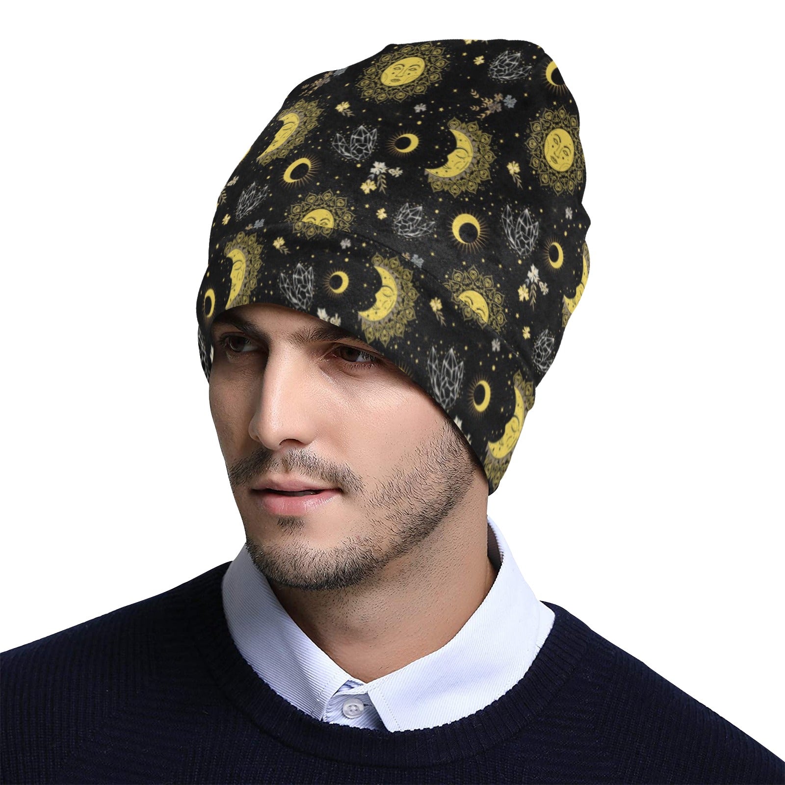 Sun Moon Golden Design Themed Print Unisex Beanie