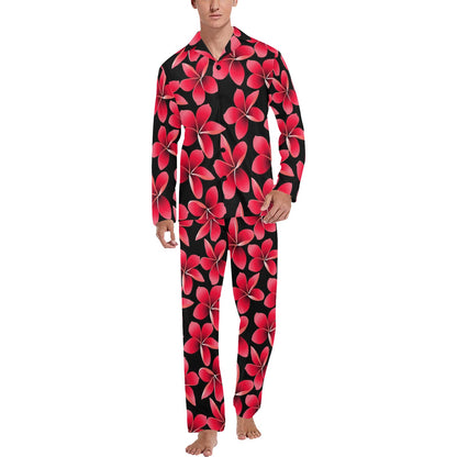 Red Plumeria Pattern Print Design PM025 Men's Long Sleeve Pajama Set