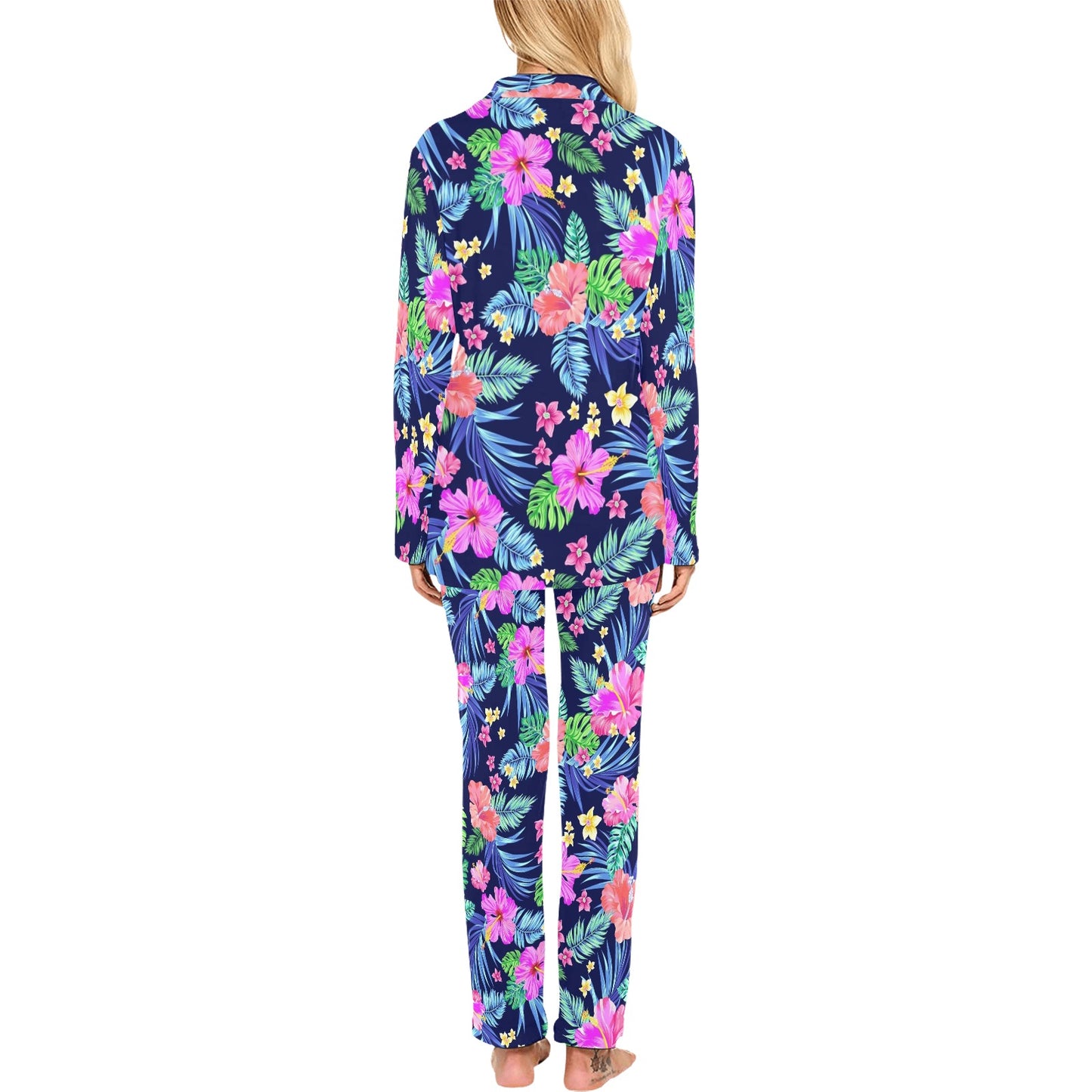 Neon Hibiscus Pattern Print Design HB016 Women's Long Sleeve Pajama Set