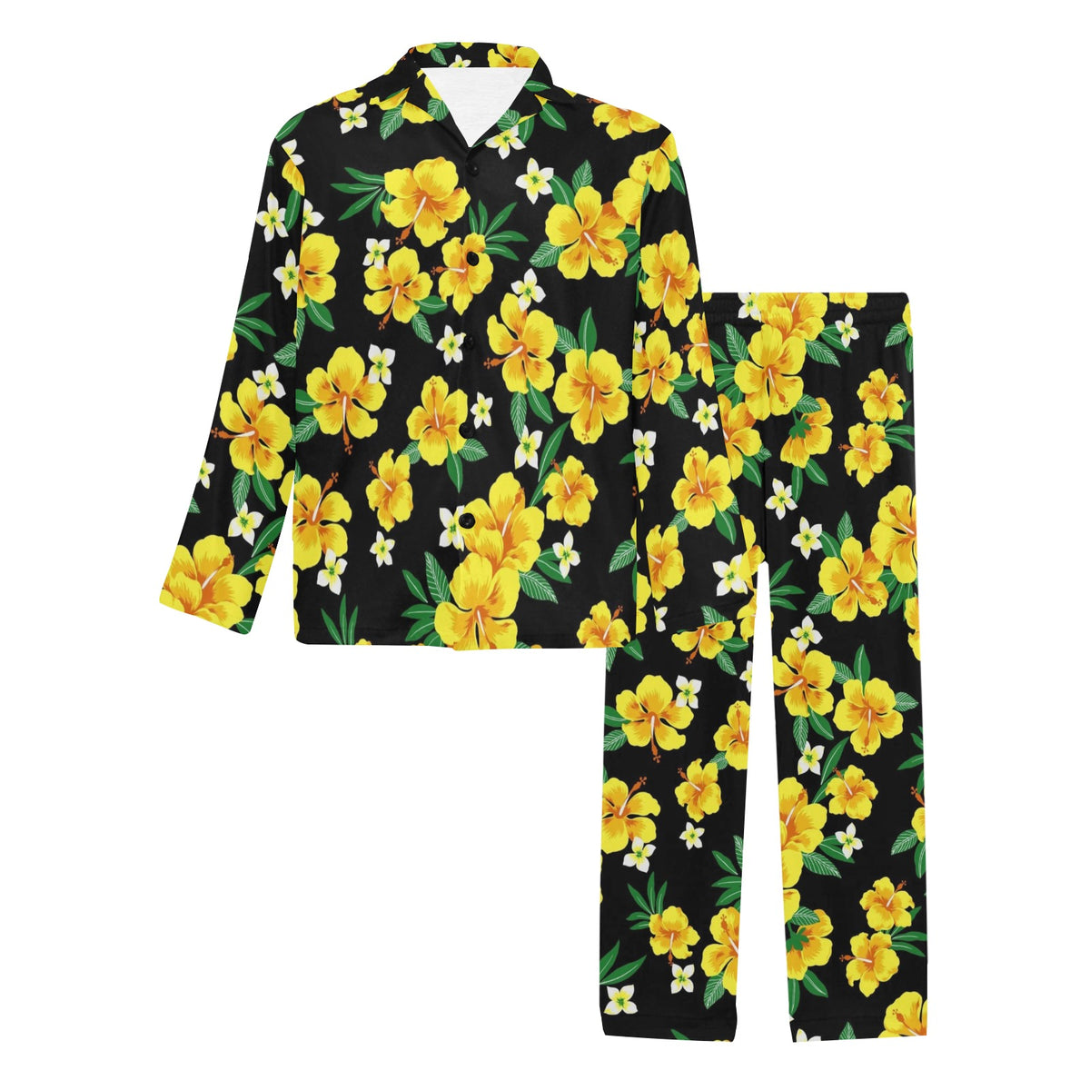 Yellow Hibiscus Pattern Print Design HB08 Men's Long Sleeve Pajama Set