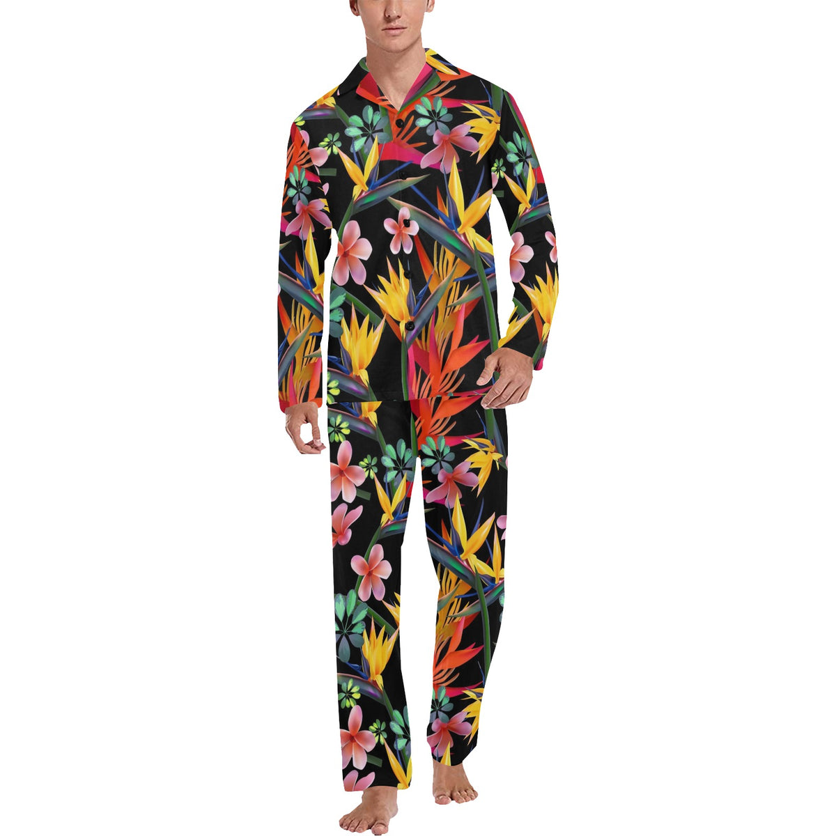 Tropical Flower Pattern Print Design TF015 Men's Long Sleeve Pajama Set
