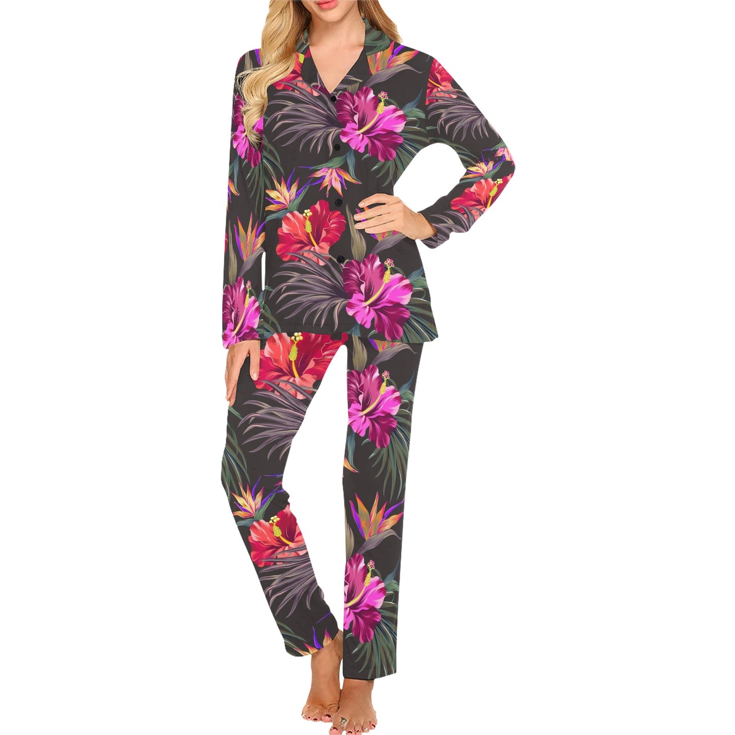Hibiscus Pattern Print Design HB014 Women's Long Sleeve Pajama Set