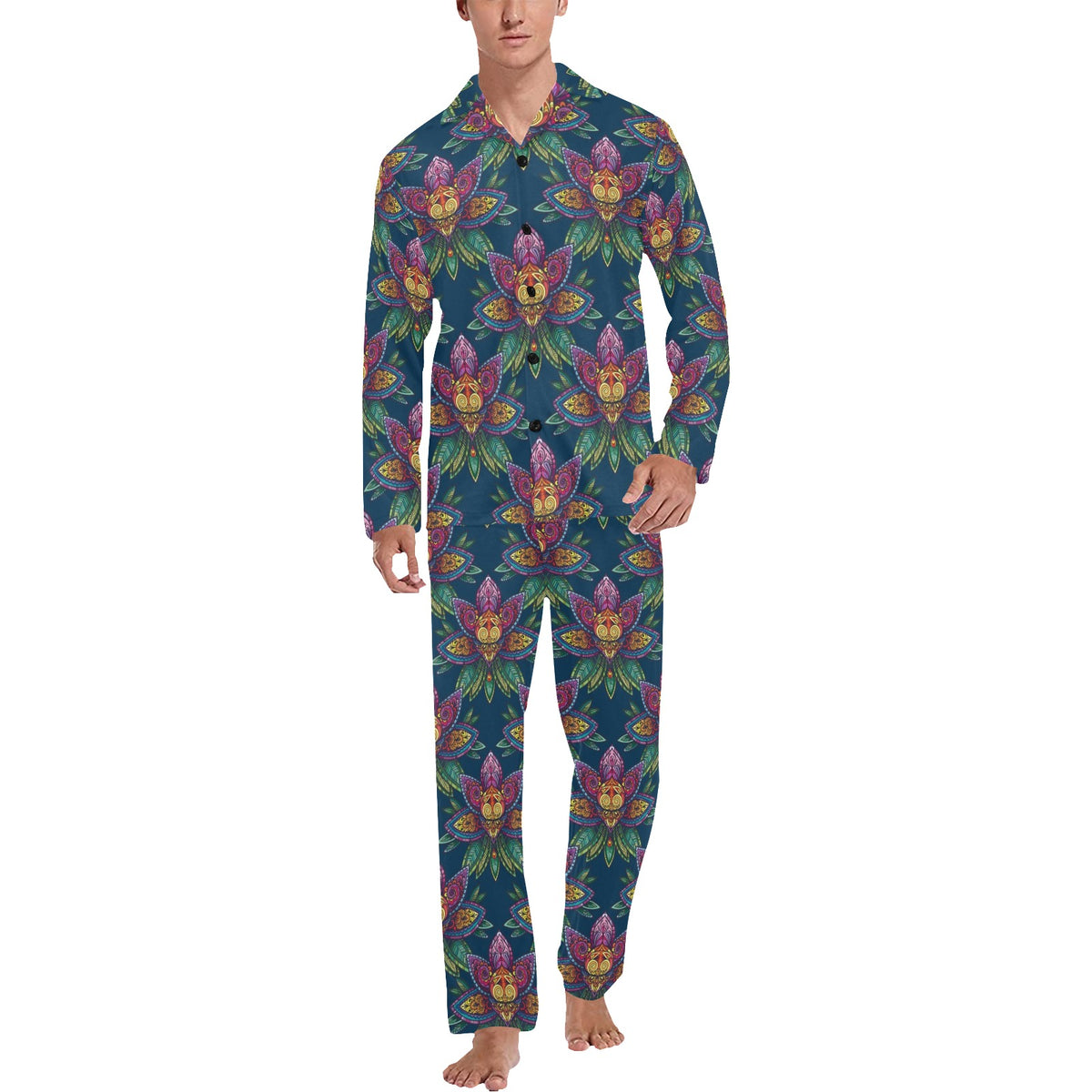 lotus Boho Pattern Print Design LO04 Men's Long Sleeve Pajama Set
