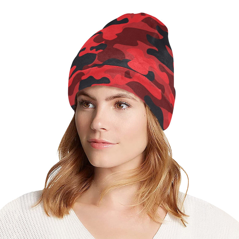 Camo Red Pattern Print Design 03 Unisex Beanie