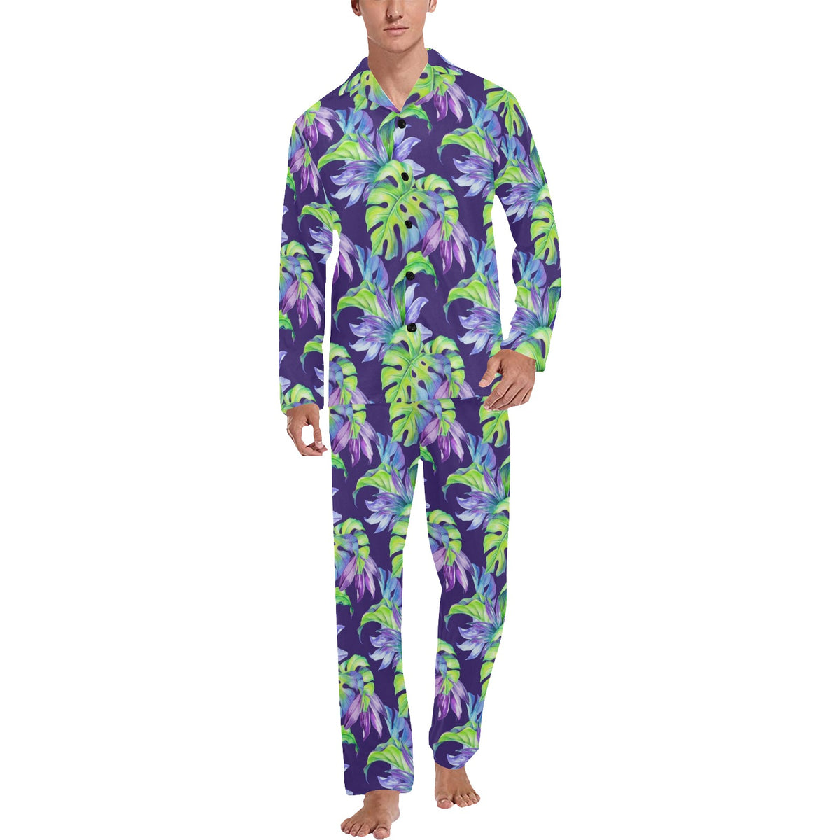 Tropical Flower Pattern Print Design TF019 Men's Long Sleeve Pajama Set
