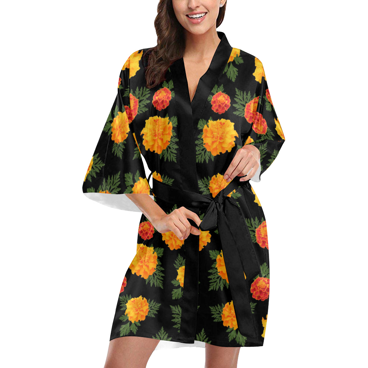 Marigold Pattern Print Design MR05 Women's Short Kimono