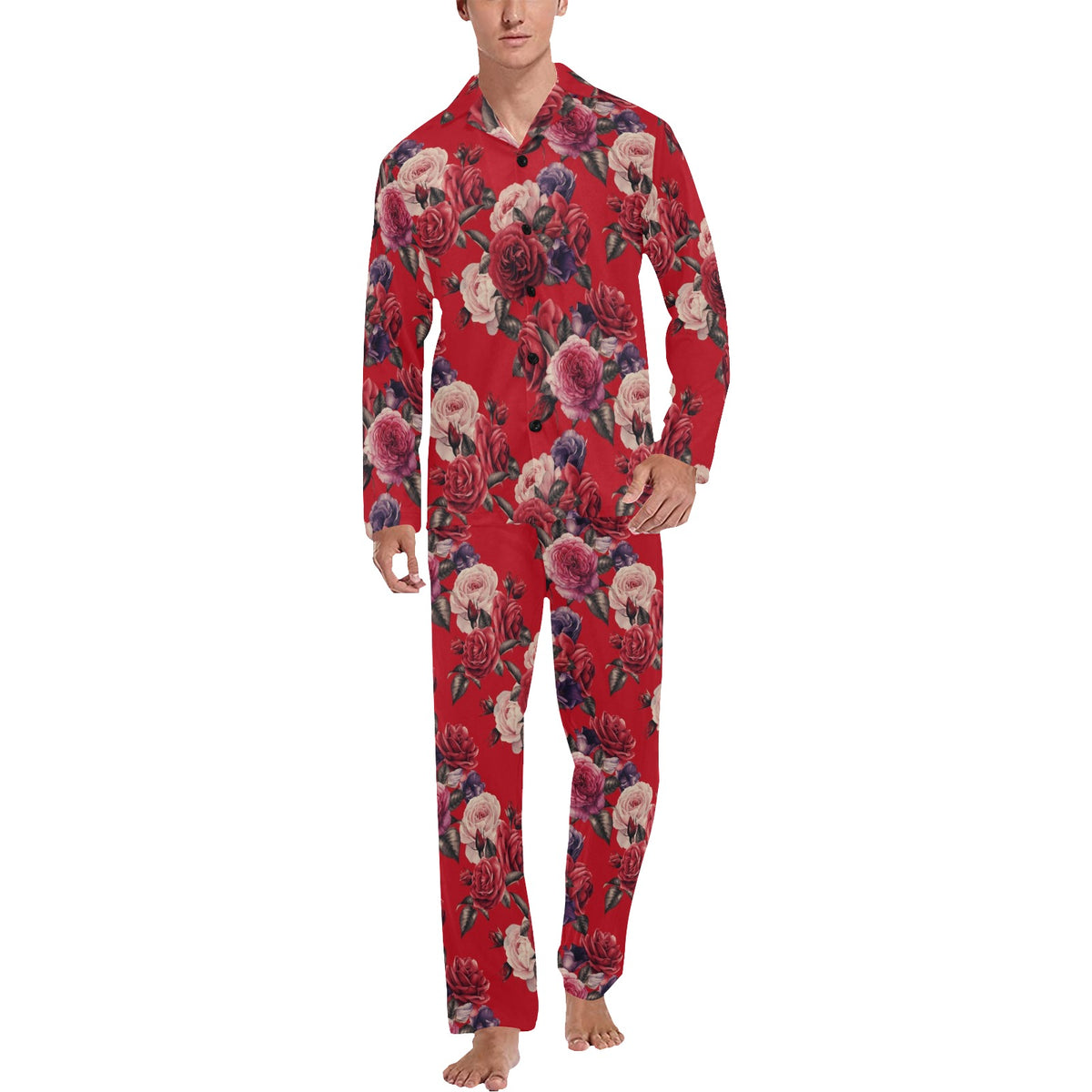 Rose Red Pattern Print Design RO07 Men's Long Sleeve Pajama Set