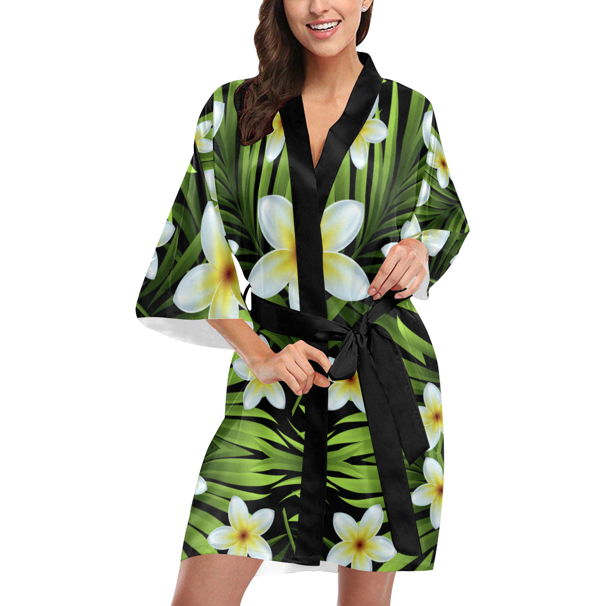 White Plumeria Pattern Print Design PM06 Women's Short Kimono