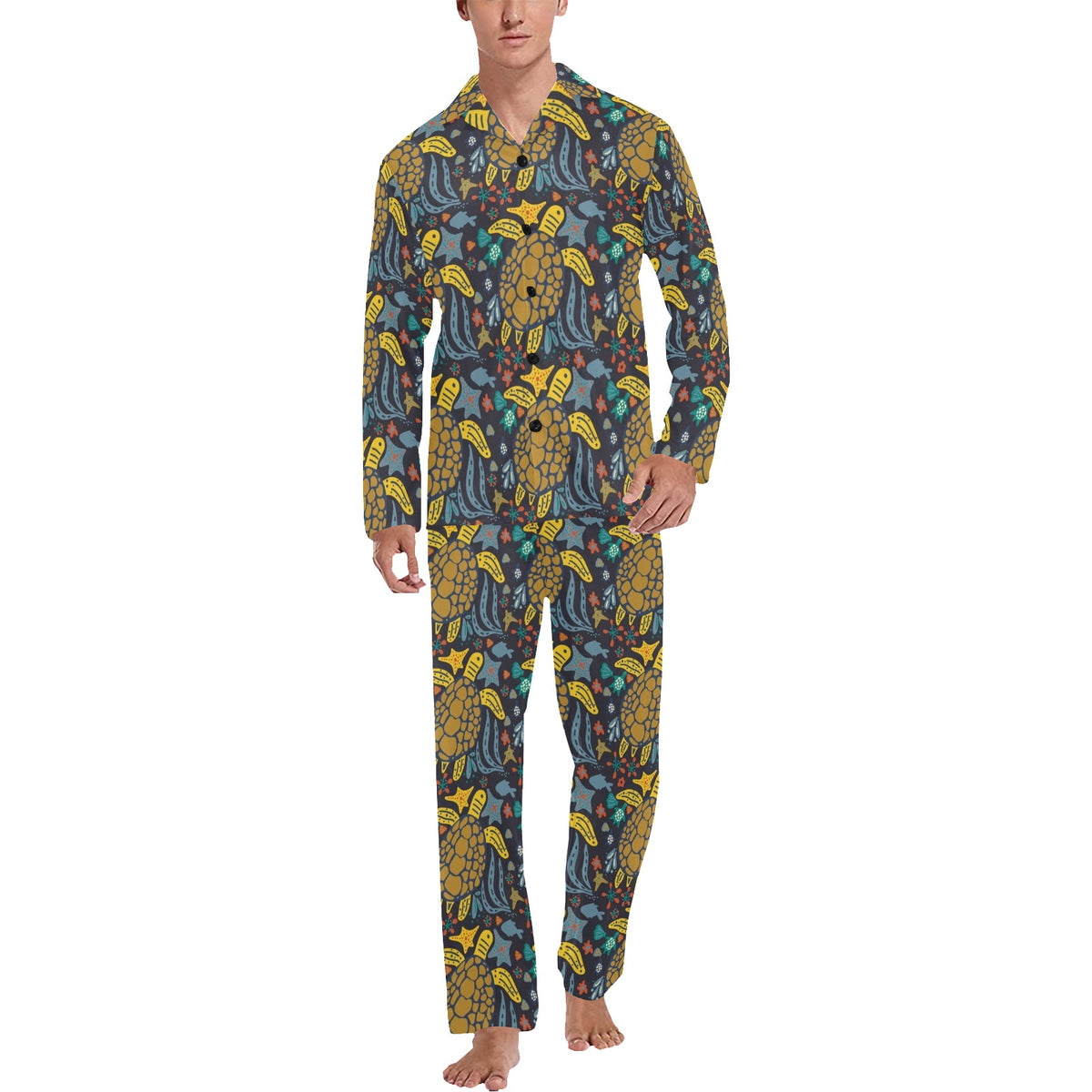 Sea Turtle Pattern Print Design T03 Men's Long Sleeve Pajama Set