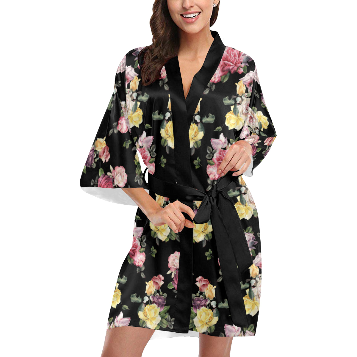 Rose Pattern Print Design RO010 Women's Short Kimono
