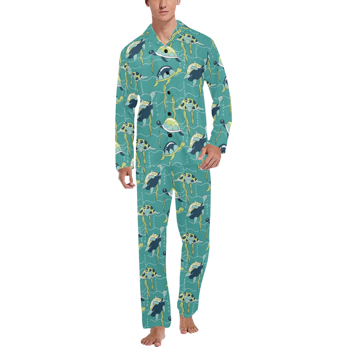 Sea Turtle Pattern Print Design T08 Men's Long Sleeve Pajama Set
