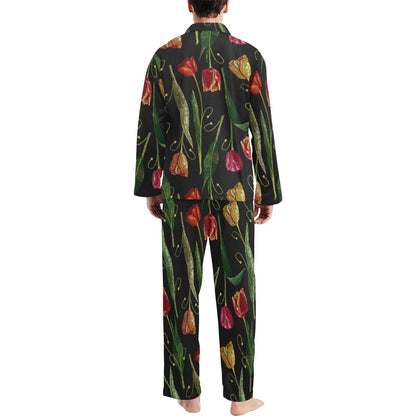Tulip Embroidered Pattern Print Design TP01 Men's Long Sleeve Pajama Set