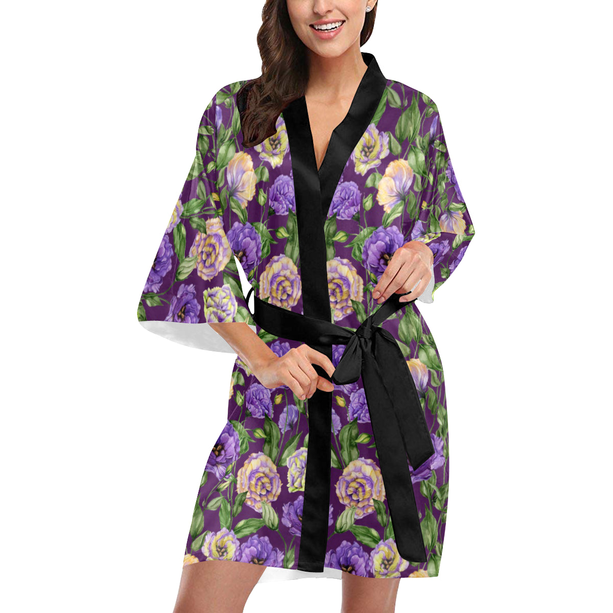 Lisianthus Pattern Print Design LT03 Women's Short Kimono