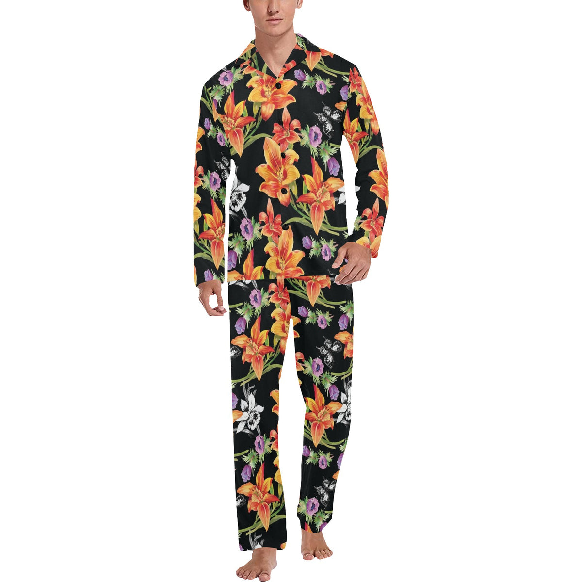 Tropical Flower Pattern Print Design TF02 Men's Long Sleeve Pajama Set