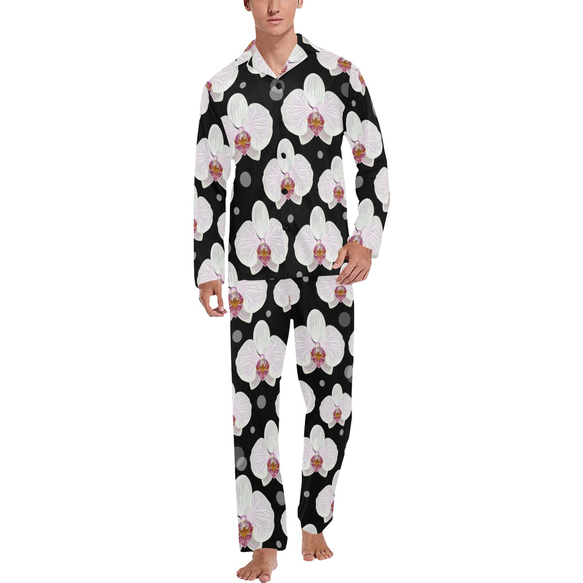 Orchid White Pattern Print Design OR09 Men's Long Sleeve Pajama Set