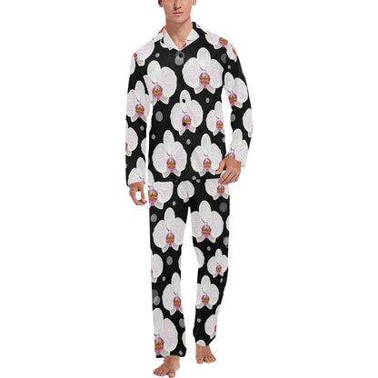 Orchid White Pattern Print Design OR09 Men's Long Sleeve Pajama Set