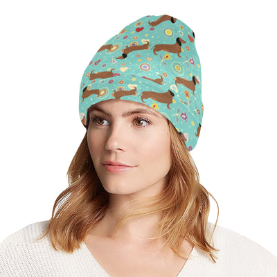 Dachshund with Floral Print Pattern Unisex Beanie