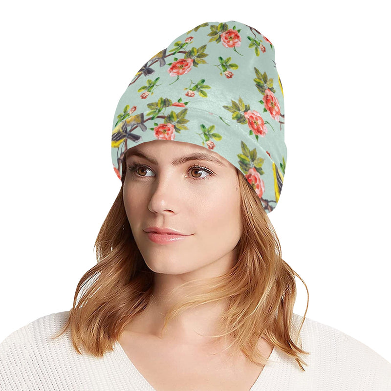 Bird with Red Flower Print Pattern Unisex Beanie