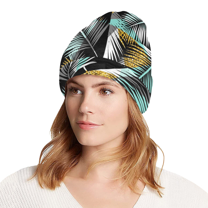 Gold Glitter Cyan Tropical Palm Leaves Unisex Beanie