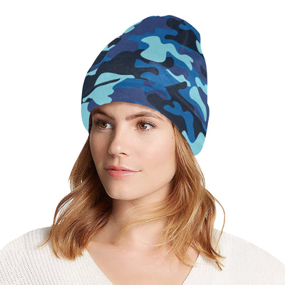 Camo Blue Pattern Print Design 04 Unisex Beanie