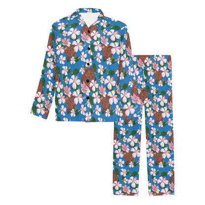 Sea Turtle Pink Hibiscus Hawaiian Print Men's Long Sleeve Pajama Set