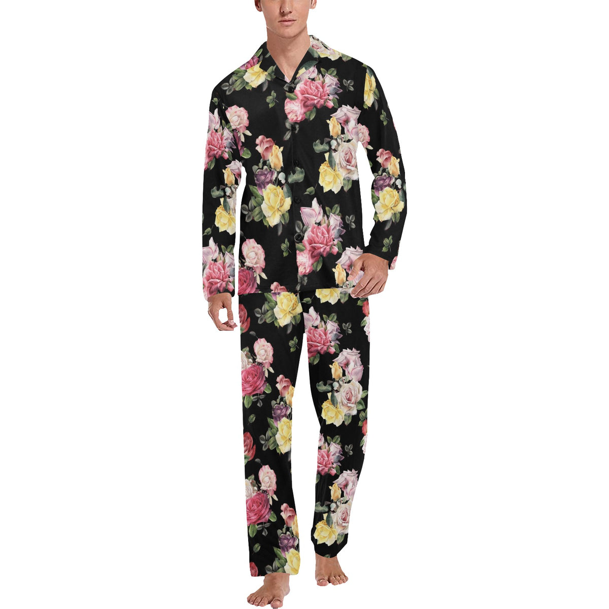 Rose Pattern Print Design RO010 Men's Long Sleeve Pajama Set