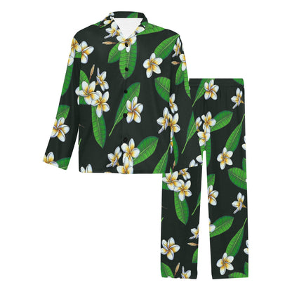 White Plumeria Pattern Print Design PM023 Men's Long Sleeve Pajama Set