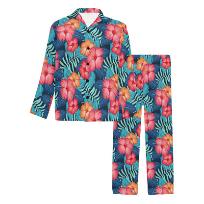 Red Hibiscus Pattern Print Design HB02 Men's Long Sleeve Pajama Set