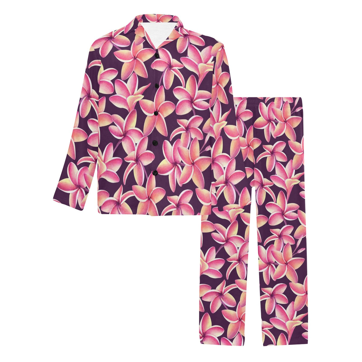 Purple Plumeria Pattern Print Design PM010 Men's Long Sleeve Pajama Set