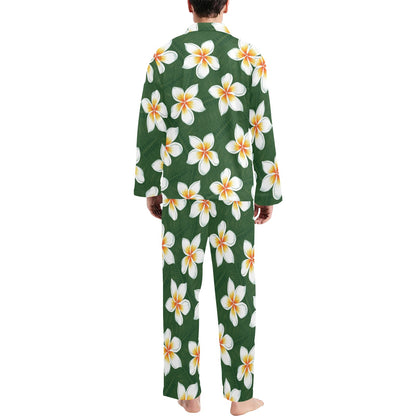 White Plumeria Pattern Print Design PM020 Men's Long Sleeve Pajama Set
