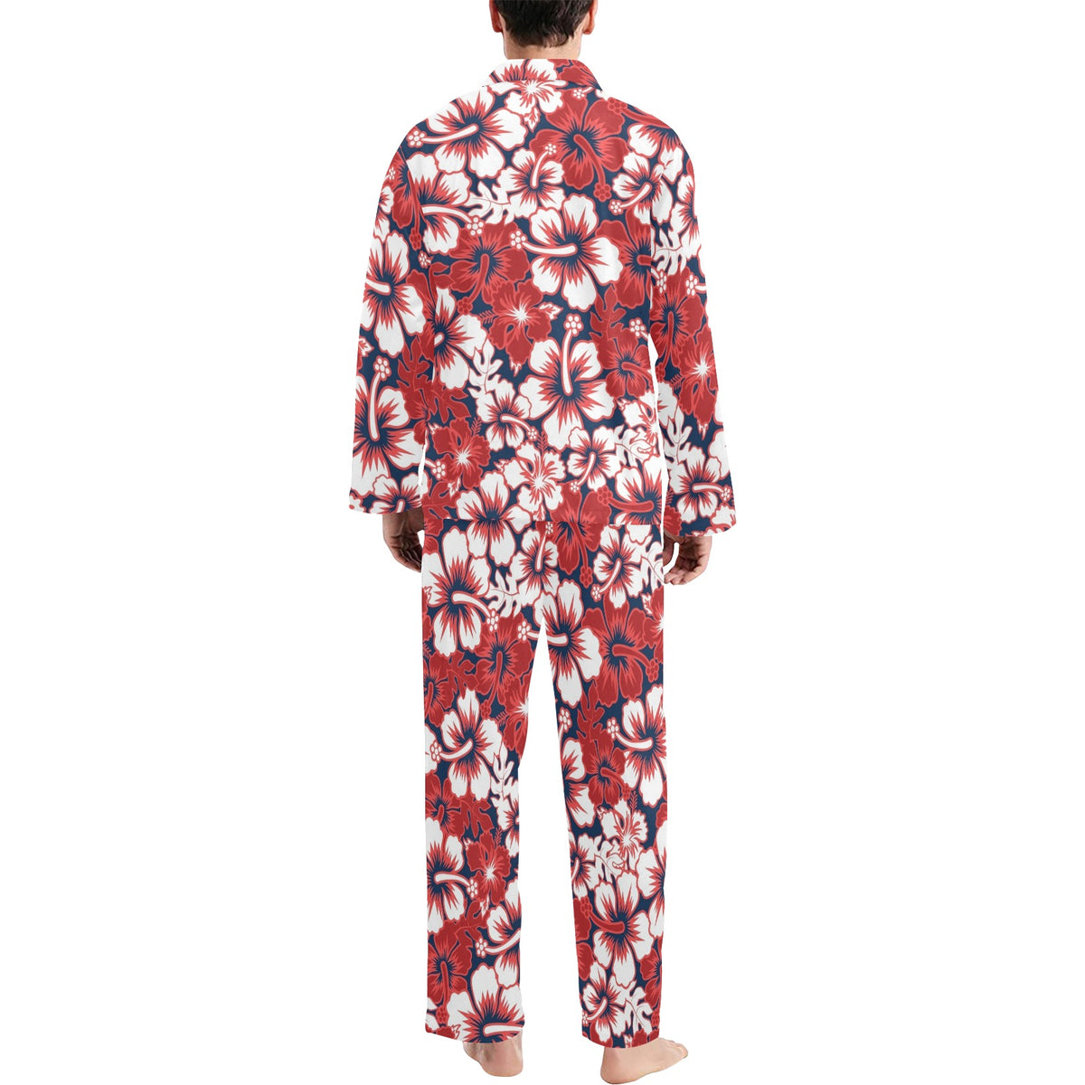 Red Hibiscus Pattern Print Design HB01 Men's Long Sleeve Pajama Set