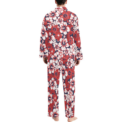 Red Hibiscus Pattern Print Design HB01 Men's Long Sleeve Pajama Set