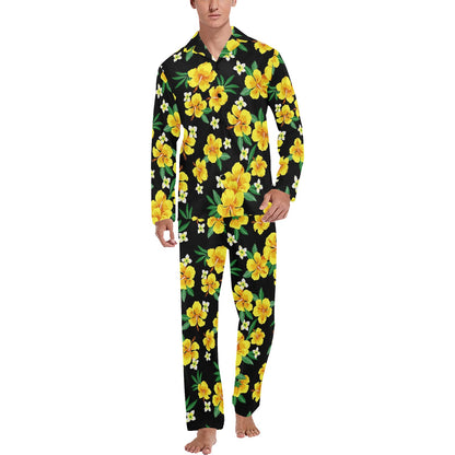 Yellow Hibiscus Pattern Print Design HB08 Men's Long Sleeve Pajama Set