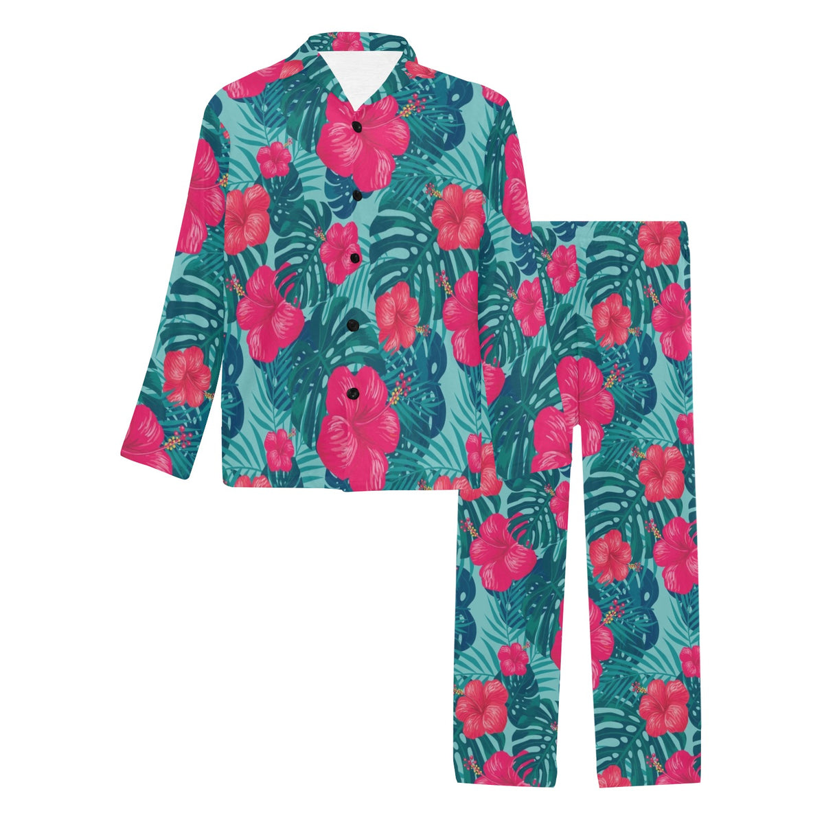 Red Hibiscus Pattern Print Design HB017 Men's Long Sleeve Pajama Set